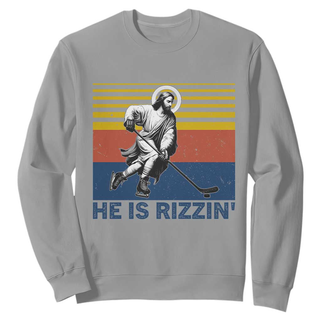 He Is Rizzin Sweatshirt Christian Hockey Retro Funny Gift For Believers TS12 Sport Gray Print Your Wear