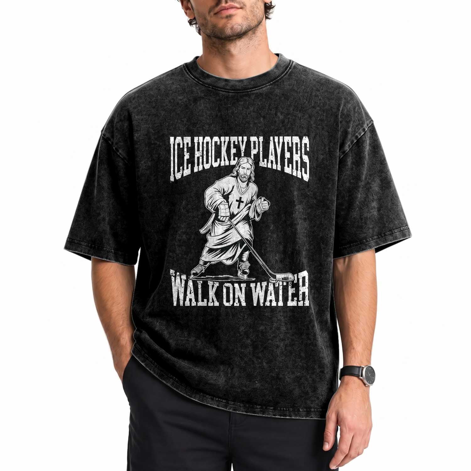 Jesus Ice Hockey Players Walk On Water Washed Cotton T-Shirt Funny Christian Gift