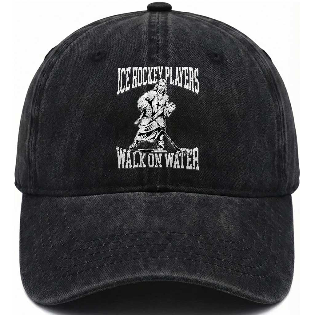 Jesus Ice Hockey Players Walk On Water Washed Cotton Baseball Cap Funny Christian Gift TS12 Print Your Wear