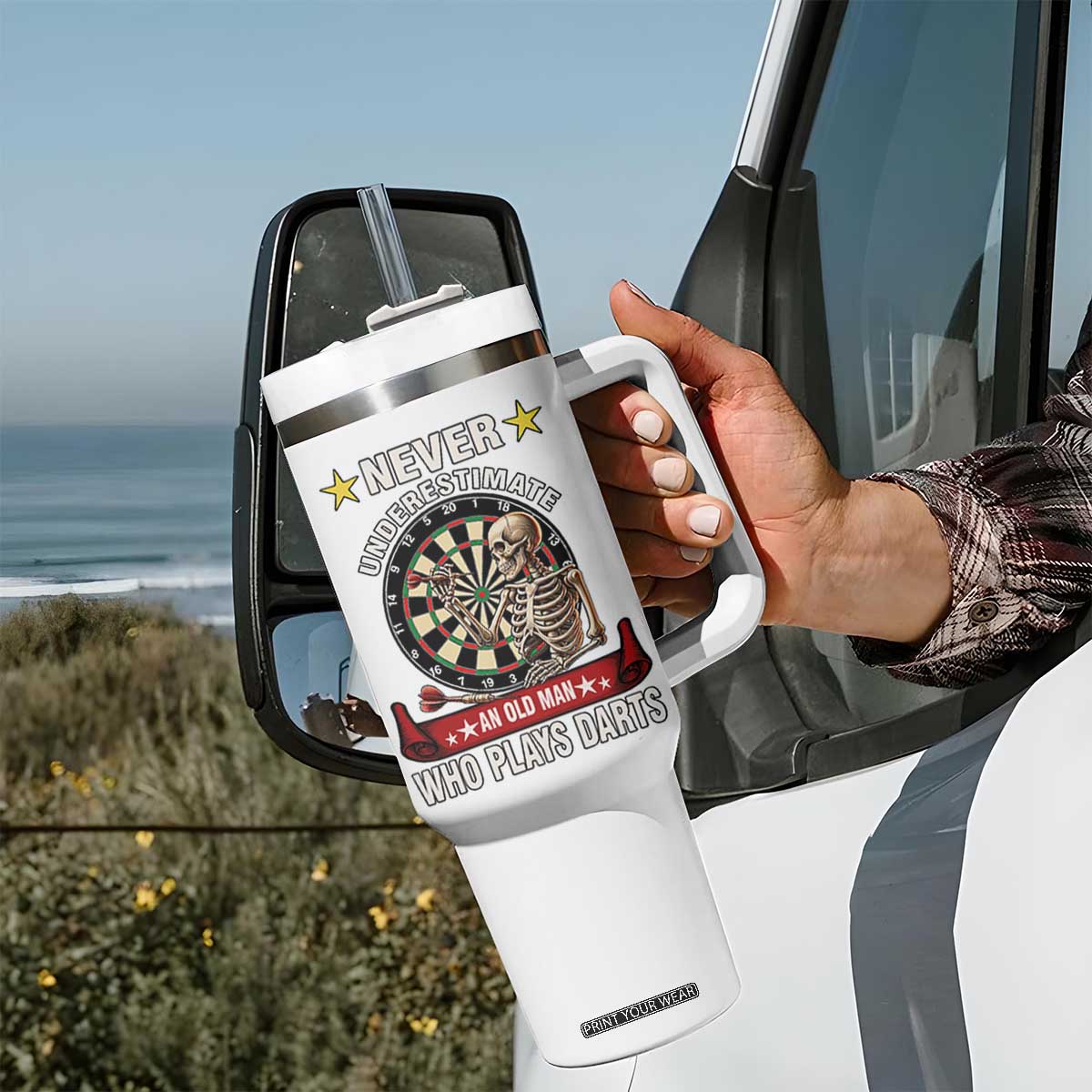 Never Underestimate An Old Man Plays Darts Tumbler With Handle Gothic Darts Player TS12 Print Your Wear