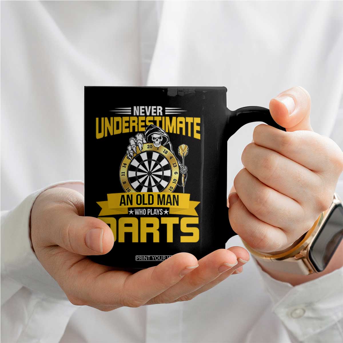 Never Underestimate An Old Man Plays Darts Coffee Mug Funny Dartist Grim Reaper Gift TS12 Print Your Wear