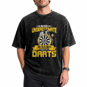 Never Underestimate An Old Man Plays Darts Washed Cotton T-Shirt Funny Dartist Grim Reaper Gift