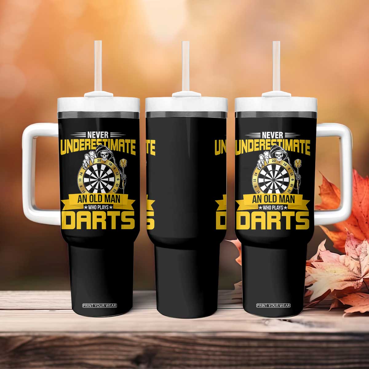 Never Underestimate An Old Man Plays Darts Tumbler With Handle Funny Dartist Grim Reaper Gift TS12 Print Your Wear