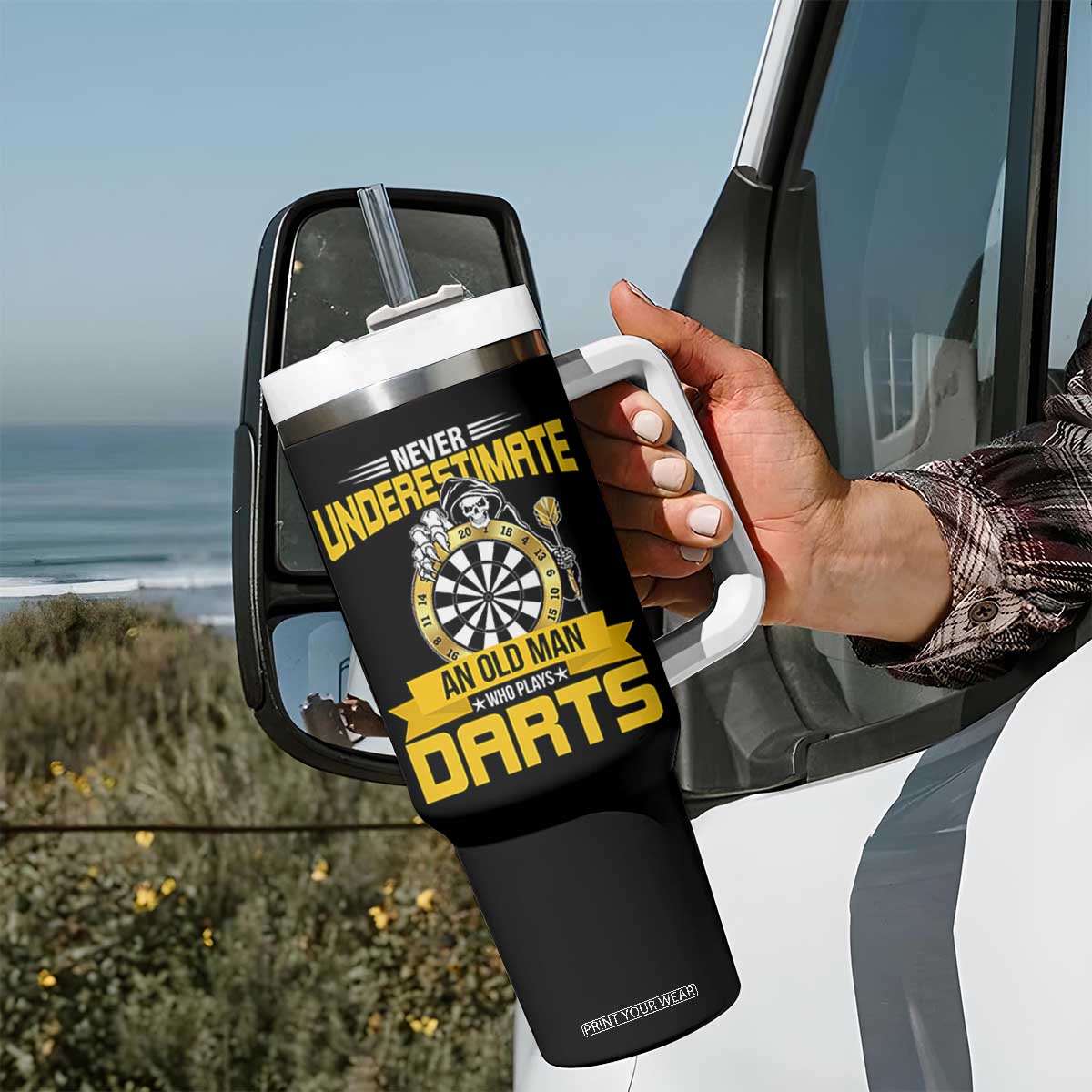 Never Underestimate An Old Man Plays Darts Tumbler With Handle Funny Dartist Grim Reaper Gift TS12 Print Your Wear