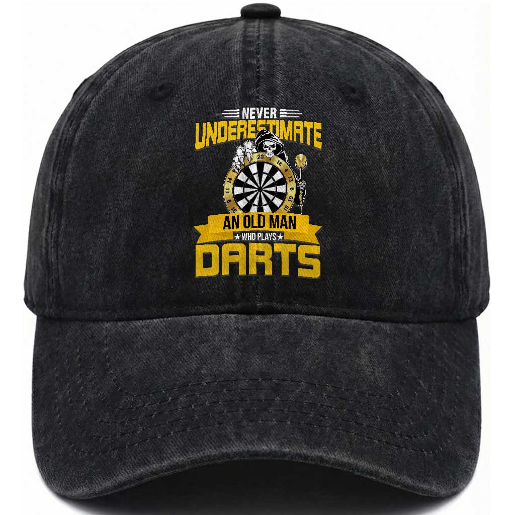 Never Underestimate An Old Man Plays Darts Washed Cotton Baseball Cap Funny Dartist Grim Reaper Gift TS12 Print Your Wear