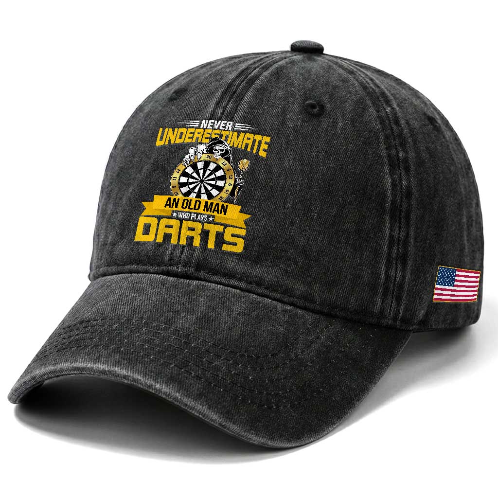 Never Underestimate An Old Man Plays Darts Washed Cotton Baseball Cap Funny Dartist Grim Reaper Gift TS12 Print Your Wear