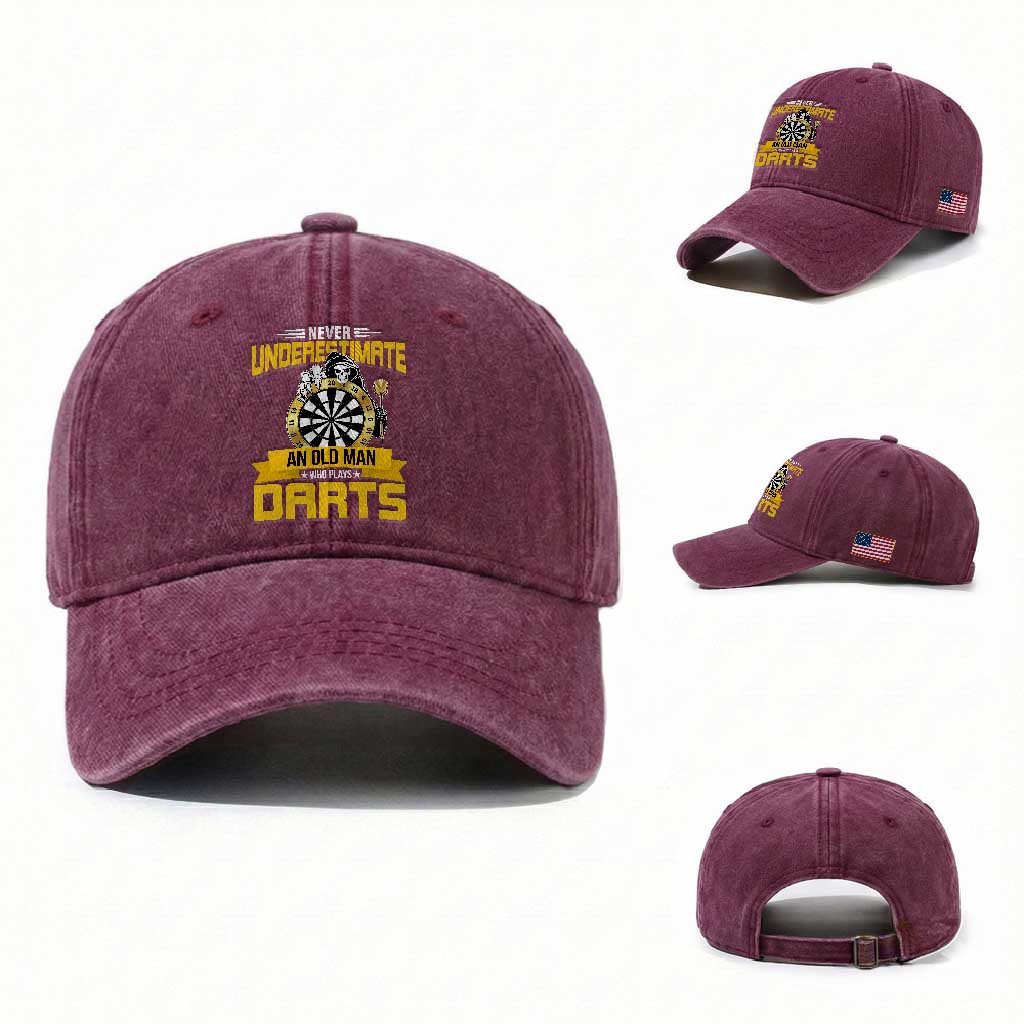 Never Underestimate An Old Man Plays Darts Washed Cotton Baseball Cap Funny Dartist Grim Reaper Gift TS12 Washed Cap Universal Fit Burgundy Print Your Wear