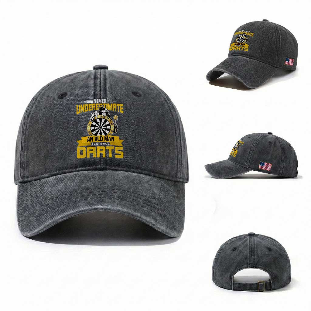Never Underestimate An Old Man Plays Darts Washed Cotton Baseball Cap Funny Dartist Grim Reaper Gift TS12 Washed Cap Universal Fit Dark Gray Print Your Wear