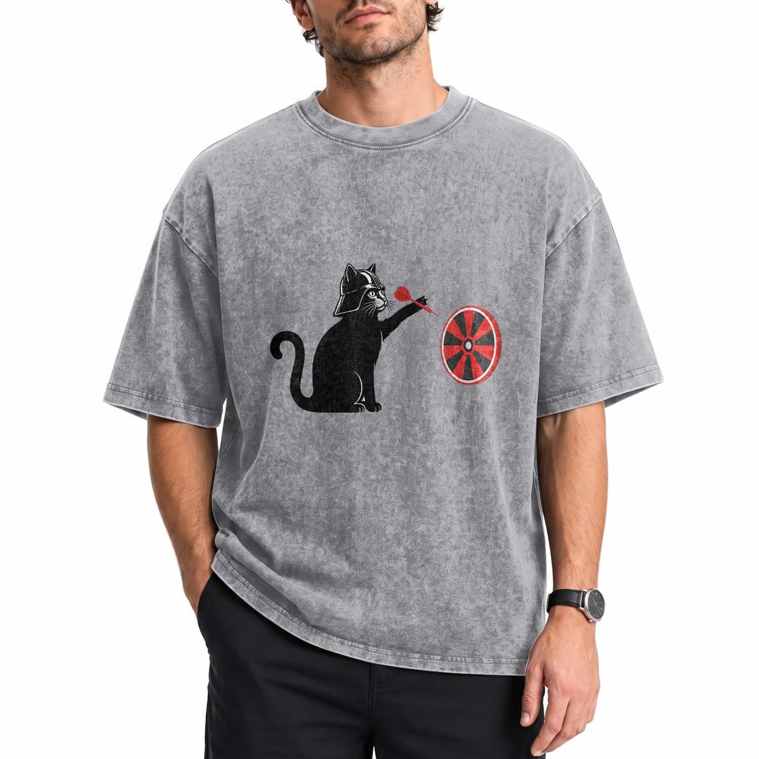 Black Cat Lord Darts Player Washed Cotton T-Shirt Funny Space Scifi Dartist Gift