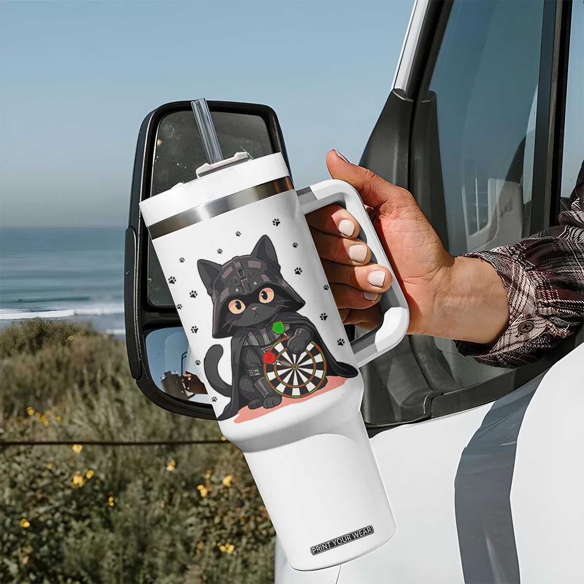 Dark Lord Cat Dartist Gift Tumbler With Handle Funny Sci Fi Dart Thrower Gift TS12 Print Your Wear