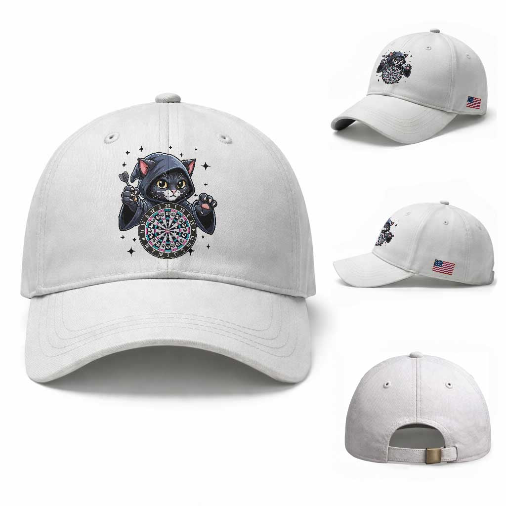 Funny Grim Reaper Cat Dart Player Baseball Cap Gothic Dartist Gift TS12 Baseball Cap Universal Fit White Print Your Wear