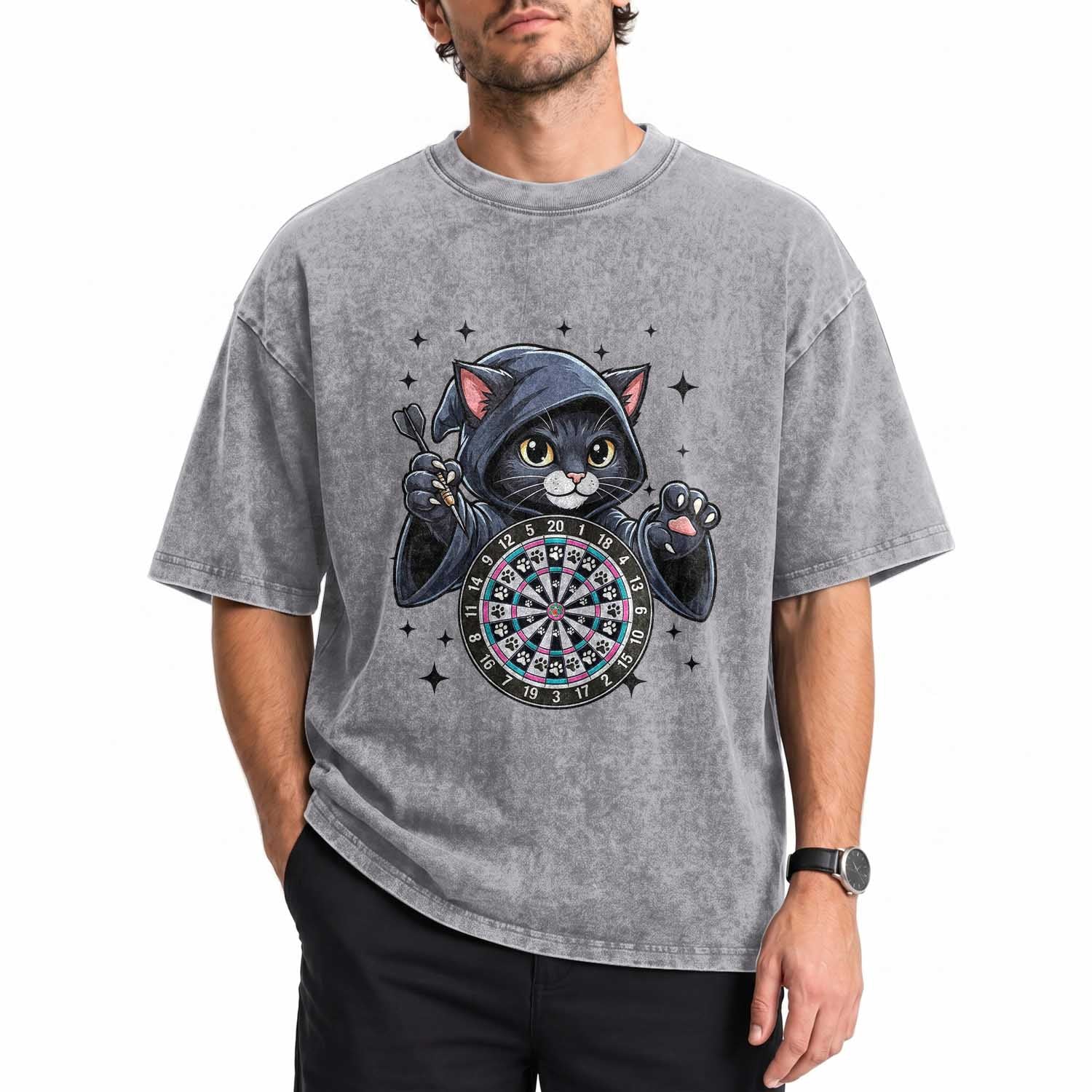 Funny Grim Reaper Cat Dart Player Washed Cotton T-Shirt Gothic Dartist Gift