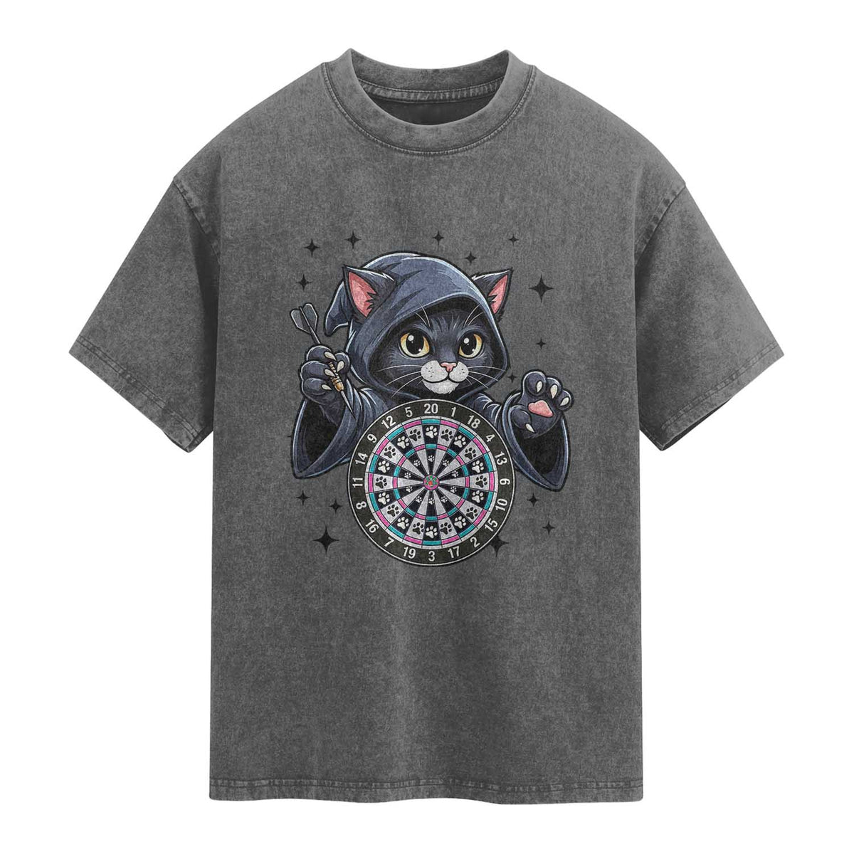 Funny Grim Reaper Cat Dart Player Washed Cotton T-Shirt Gothic Dartist Gift