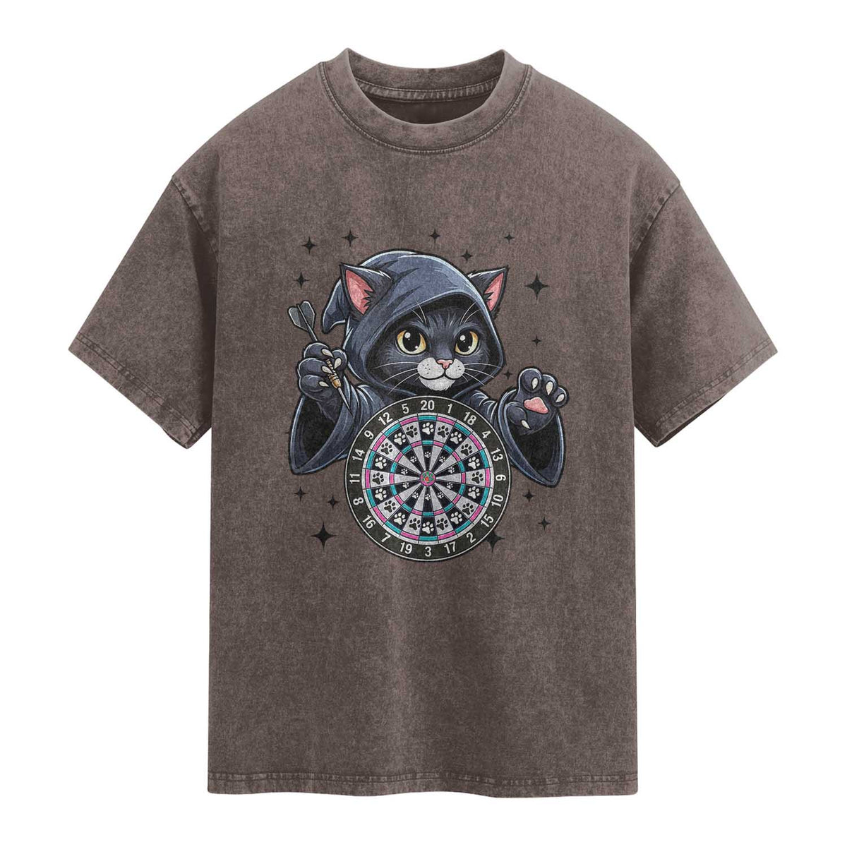 Funny Grim Reaper Cat Dart Player Washed Cotton T-Shirt Gothic Dartist Gift