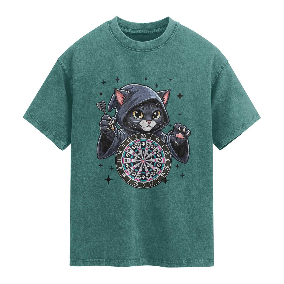 Funny Grim Reaper Cat Dart Player Washed Cotton T-Shirt Gothic Dartist Gift