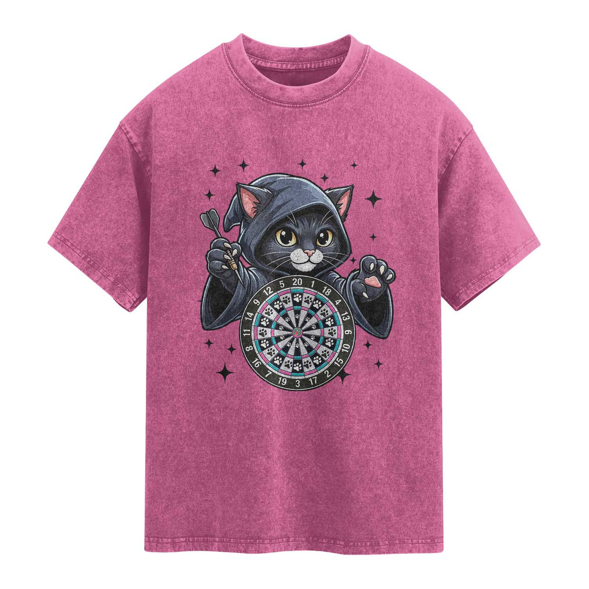 Funny Grim Reaper Cat Dart Player Washed Cotton T-Shirt Gothic Dartist Gift