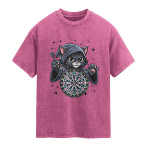 Funny Grim Reaper Cat Dart Player Washed Cotton T-Shirt Gothic Dartist Gift
