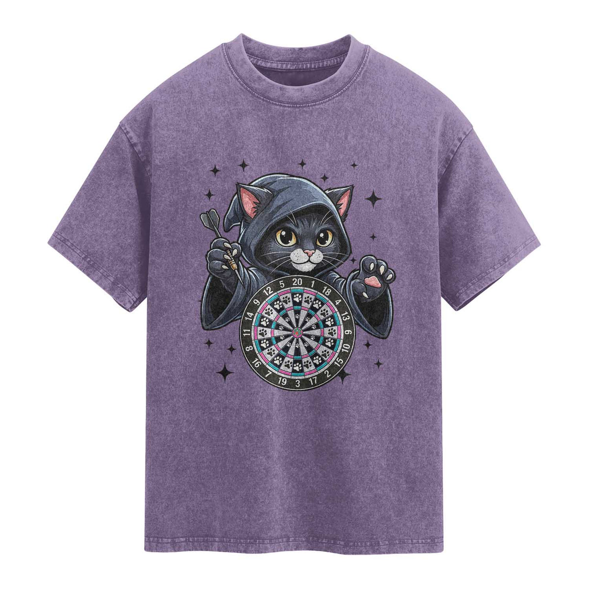 Funny Grim Reaper Cat Dart Player Washed Cotton T-Shirt Gothic Dartist Gift