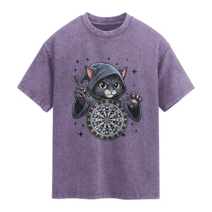 Funny Grim Reaper Cat Dart Player Washed Cotton T-Shirt Gothic Dartist Gift