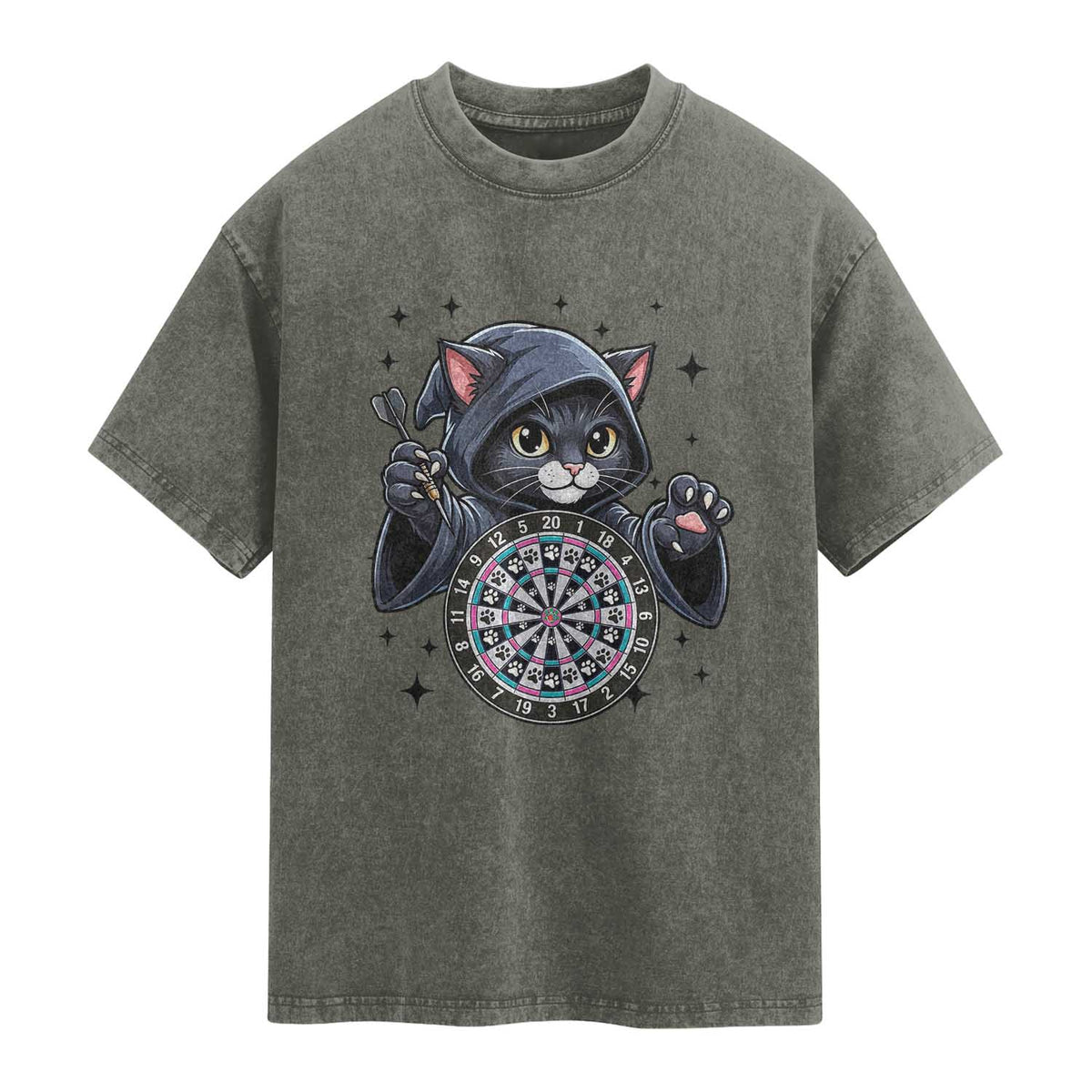 Funny Grim Reaper Cat Dart Player Washed Cotton T-Shirt Gothic Dartist Gift