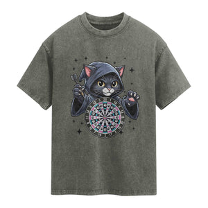 Funny Grim Reaper Cat Dart Player Washed Cotton T-Shirt Gothic Dartist Gift