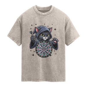 Funny Grim Reaper Cat Dart Player Washed Cotton T-Shirt Gothic Dartist Gift