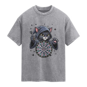 Funny Grim Reaper Cat Dart Player Washed Cotton T-Shirt Gothic Dartist Gift