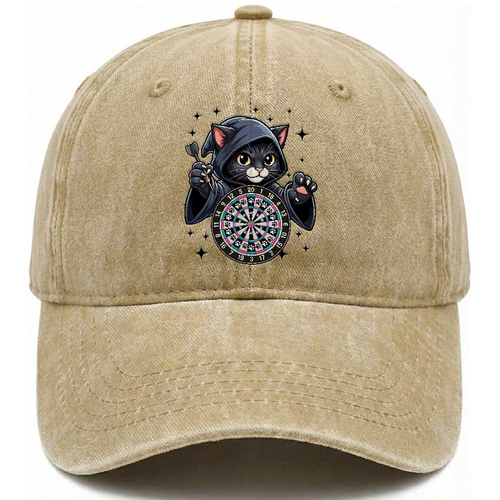 Funny Grim Reaper Cat Dart Player Washed Cotton Baseball Cap Gothic Dartist Gift TS12 Print Your Wear