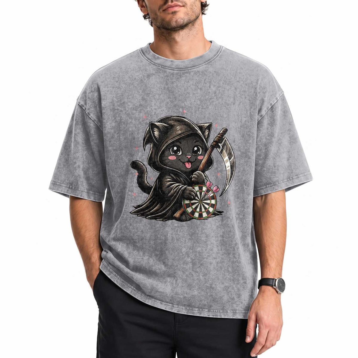Dark Reaper Cat Throwing Darts Washed Cotton T-Shirt Funny Pub Game Gift