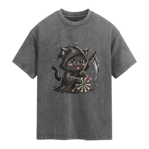 Dark Reaper Cat Throwing Darts Washed Cotton T-Shirt Funny Pub Game Gift