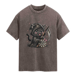 Dark Reaper Cat Throwing Darts Washed Cotton T-Shirt Funny Pub Game Gift