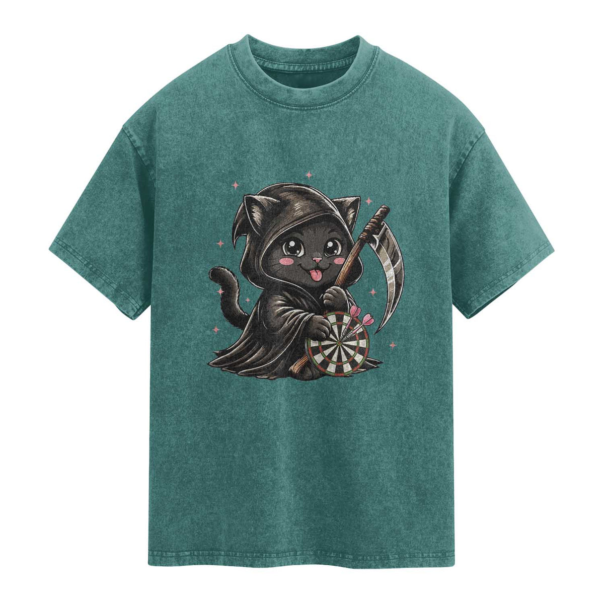 Dark Reaper Cat Throwing Darts Washed Cotton T-Shirt Funny Pub Game Gift