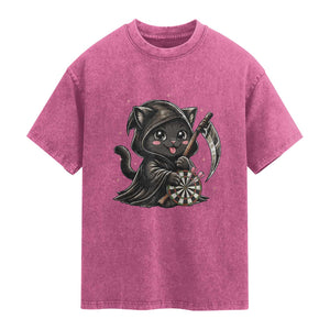 Dark Reaper Cat Throwing Darts Washed Cotton T-Shirt Funny Pub Game Gift