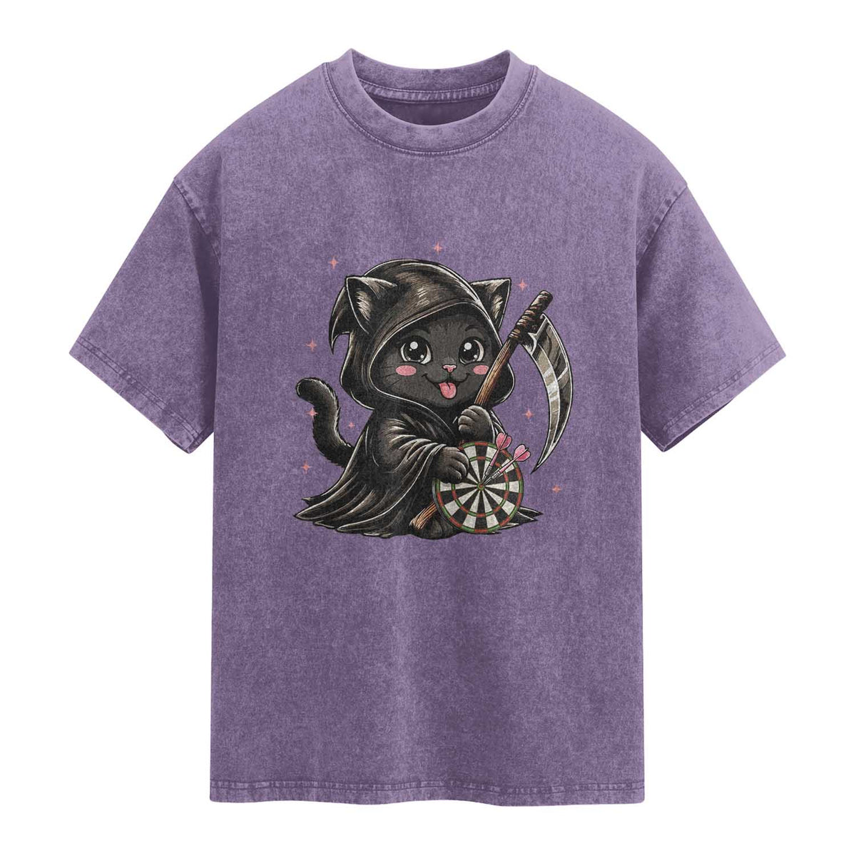 Dark Reaper Cat Throwing Darts Washed Cotton T-Shirt Funny Pub Game Gift