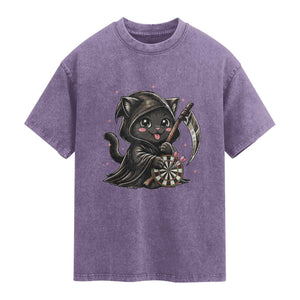 Dark Reaper Cat Throwing Darts Washed Cotton T-Shirt Funny Pub Game Gift