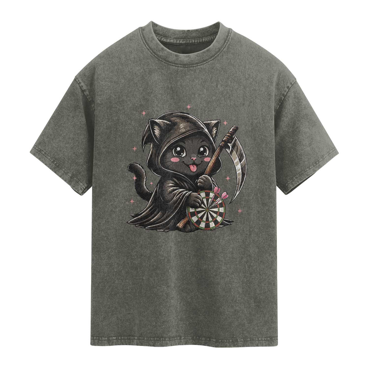 Dark Reaper Cat Throwing Darts Washed Cotton T-Shirt Funny Pub Game Gift