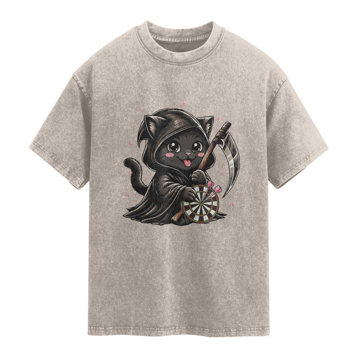 Dark Reaper Cat Throwing Darts Washed Cotton T-Shirt Funny Pub Game Gift