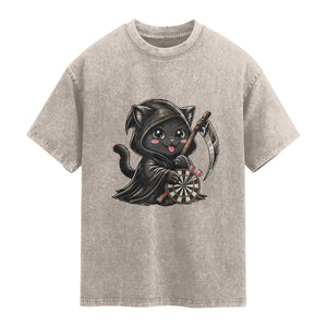 Dark Reaper Cat Throwing Darts Washed Cotton T-Shirt Funny Pub Game Gift