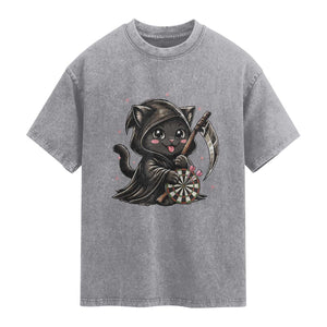 Dark Reaper Cat Throwing Darts Washed Cotton T-Shirt Funny Pub Game Gift