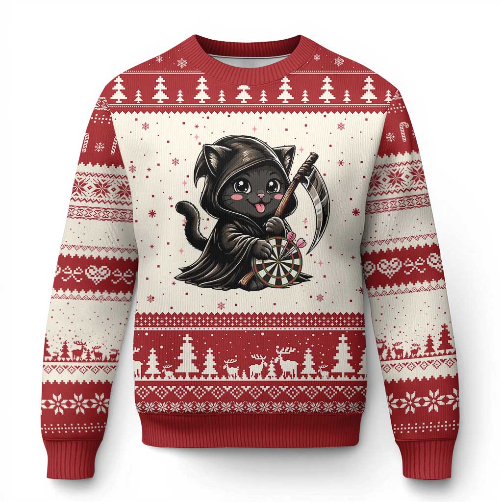 Dark Reaper Cat Throwing Darts Ugly Christmas Sweater Funny Pub Game Gift TS12 Beige Red Print Your Wear