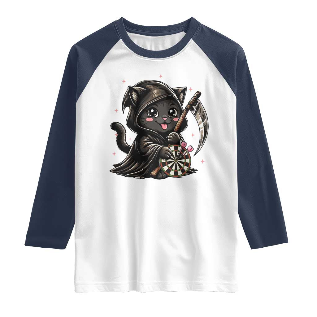 Dark Reaper Cat Throwing Darts Raglan Shirt Funny Pub Game Gift TS12 White Navy Print Your Wear