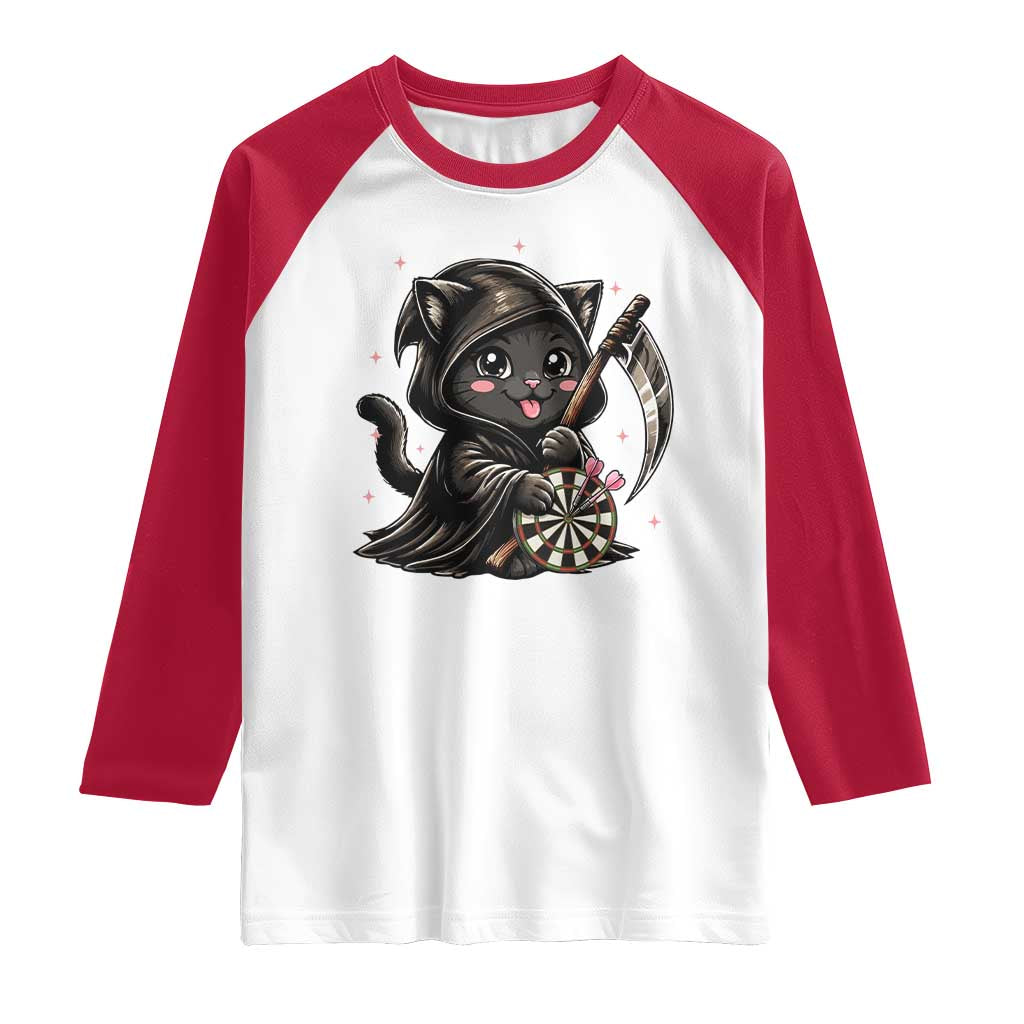Dark Reaper Cat Throwing Darts Raglan Shirt Funny Pub Game Gift TS12 White Red Print Your Wear