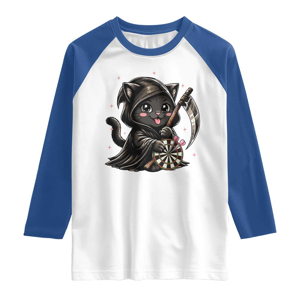 Dark Reaper Cat Throwing Darts Raglan Shirt Funny Pub Game Gift TS12 White Royal Print Your Wear