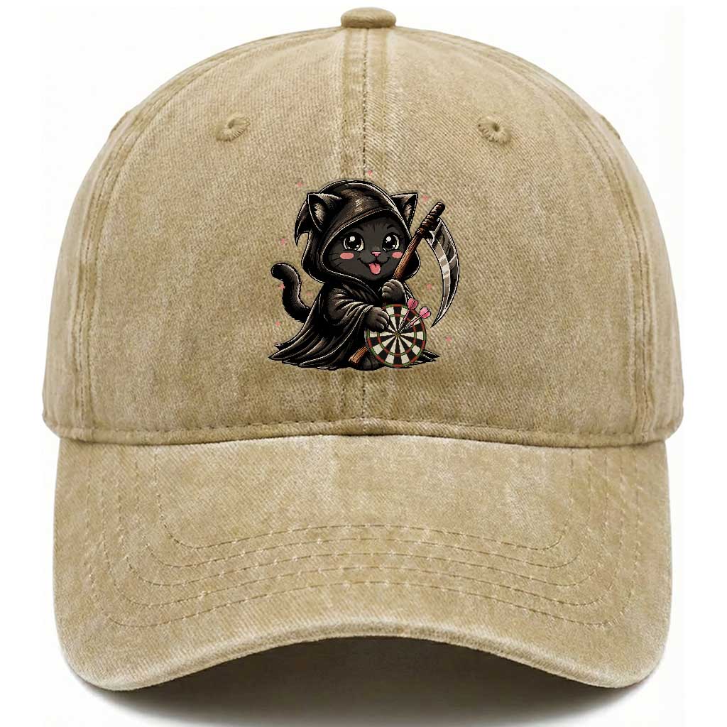 Dark Reaper Cat Throwing Darts Washed Cotton Baseball Cap Funny Pub Game Gift TS12 Print Your Wear