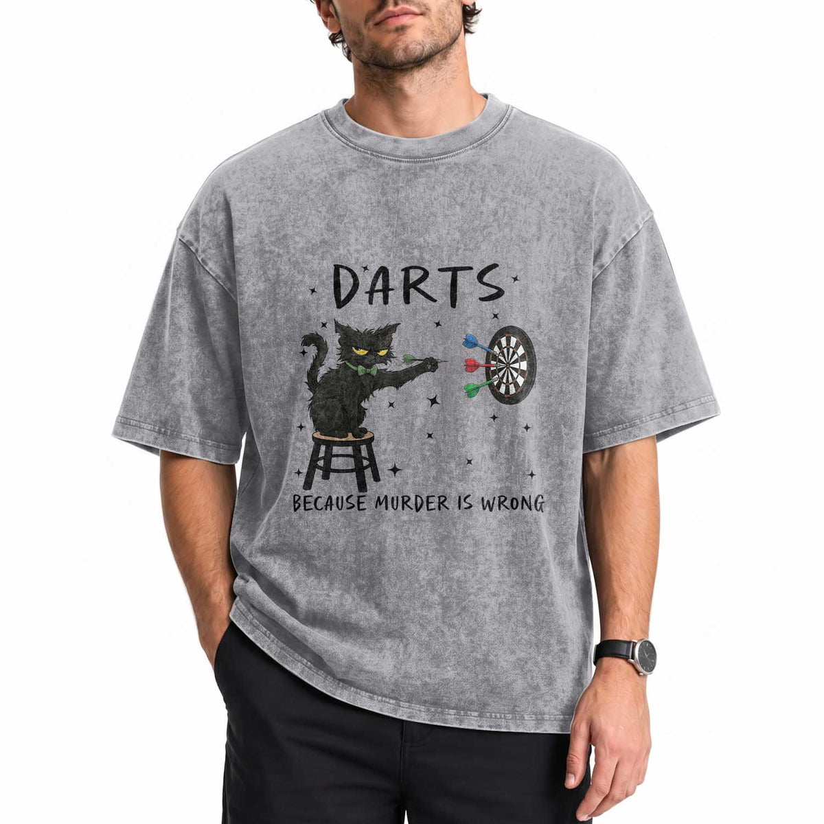 Funny Grumpy Cat Darts Washed Cotton T-Shirt Because Murder Is Wrong