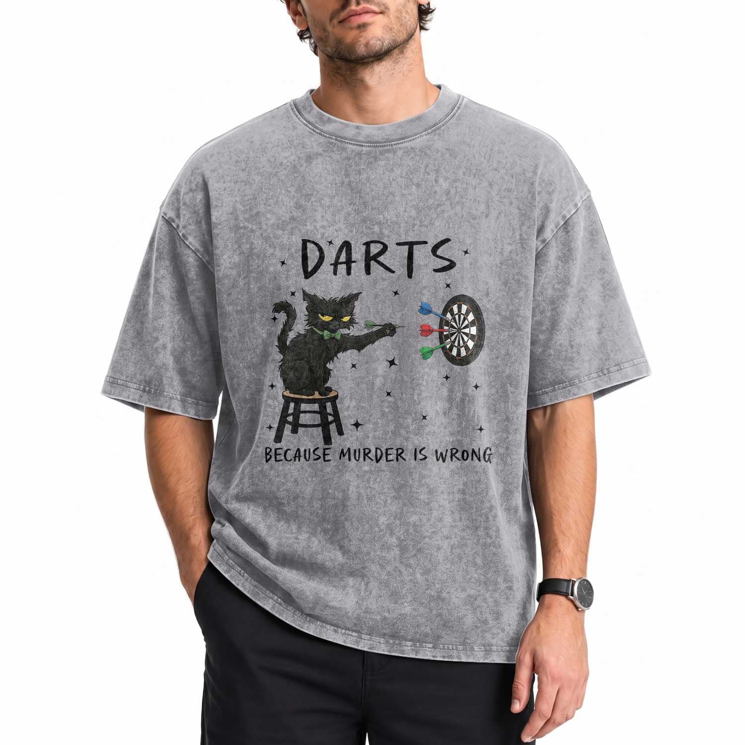 Funny Grumpy Cat Darts Washed Cotton T-Shirt Because Murder Is Wrong