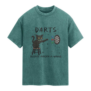 Funny Grumpy Cat Darts Washed Cotton T-Shirt Because Murder Is Wrong