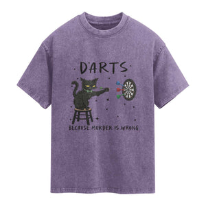Funny Grumpy Cat Darts Washed Cotton T-Shirt Because Murder Is Wrong