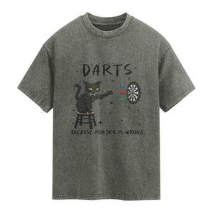 Funny Grumpy Cat Darts Washed Cotton T-Shirt Because Murder Is Wrong