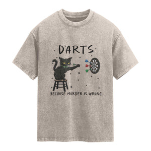 Funny Grumpy Cat Darts Washed Cotton T-Shirt Because Murder Is Wrong